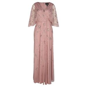 Adrianna Papell Size 0 NWT Blush Floral Beaded Gown V-Neck Flutter Short Sleeve